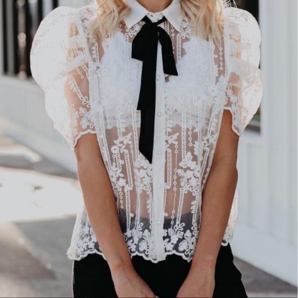 Vici Tops - Vici floral lace blouse white black tie bow ribbon puff sleeves button top sheer